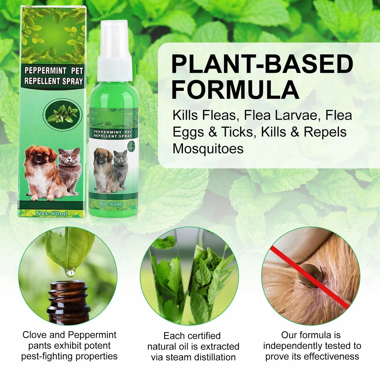 60ml Natural Pet Care Topical Flea&Tick Spray for Dogs&Cats with Fresh Fragrance Peppermint Oil and Eugenol