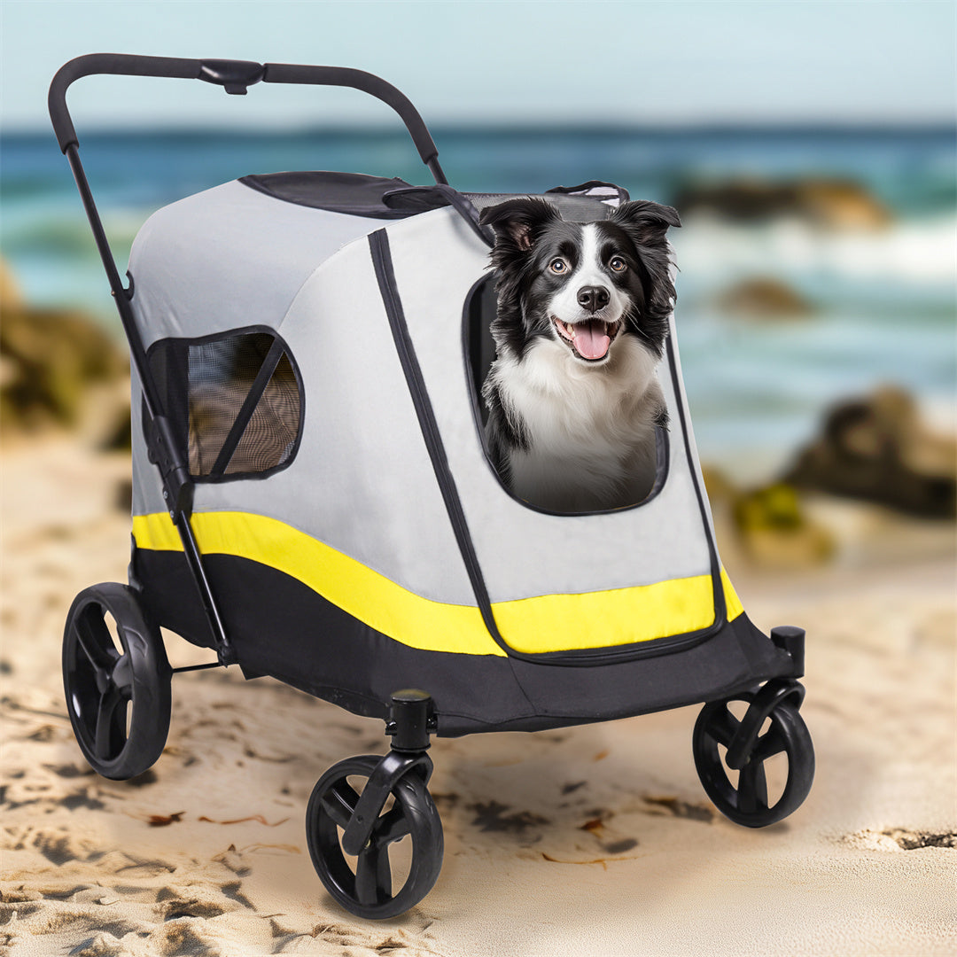 Foldable Dog Stroller with 4 Heavy Wheels Portable Universal Pet Travel Stroller for Small to Large Dogs, Rainproof Cover