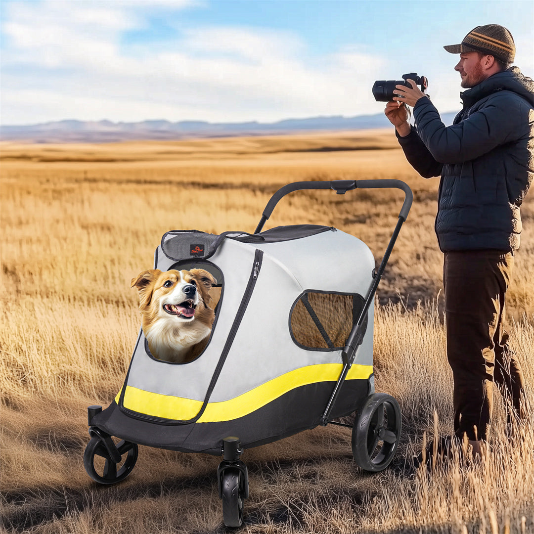 Foldable Dog Stroller with 4 Heavy Wheels Portable Universal Pet Travel Stroller for Small to Large Dogs, Rainproof Cover