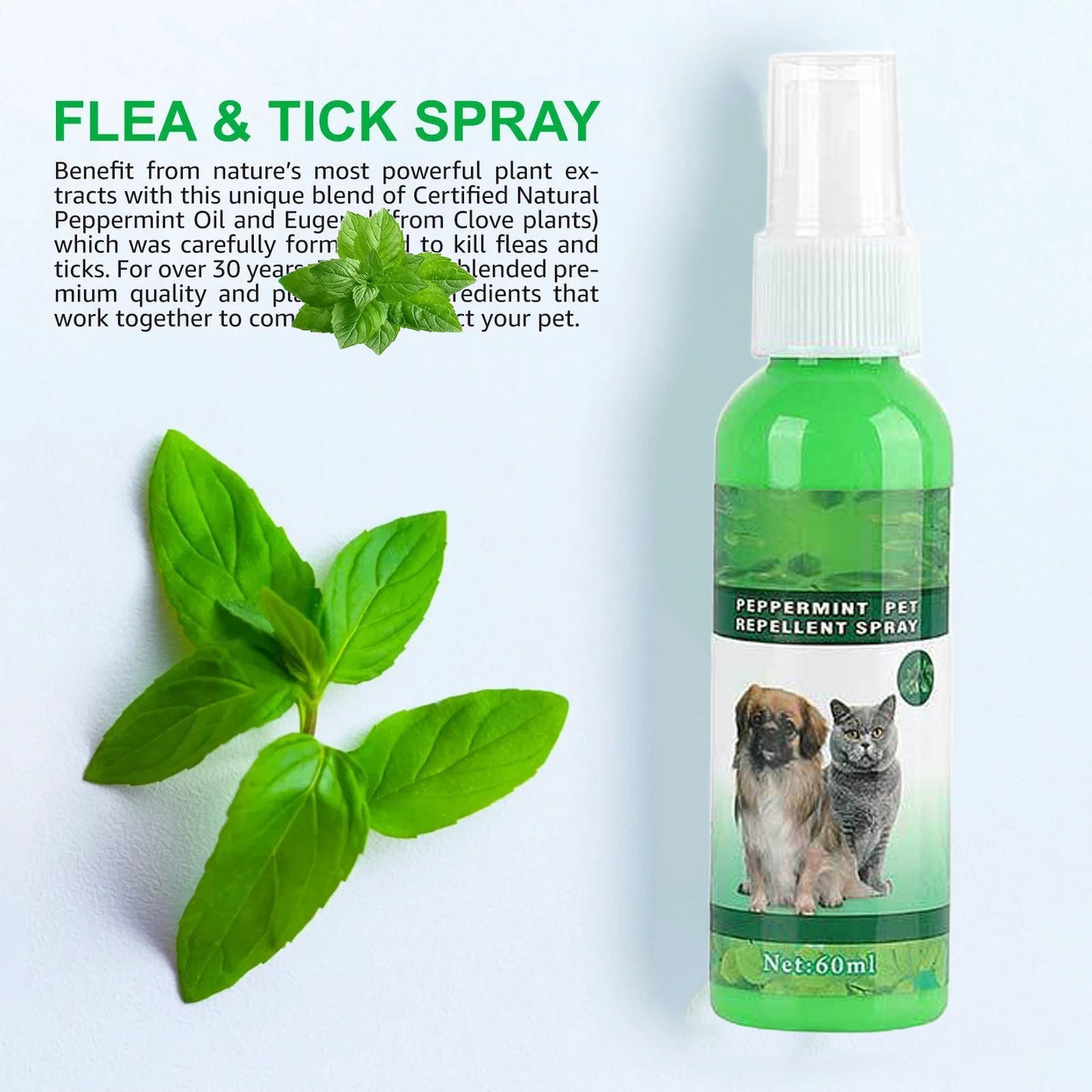 60ml Natural Pet Care Topical Flea&Tick Spray for Dogs&Cats with Fresh Fragrance Peppermint Oil and Eugenol