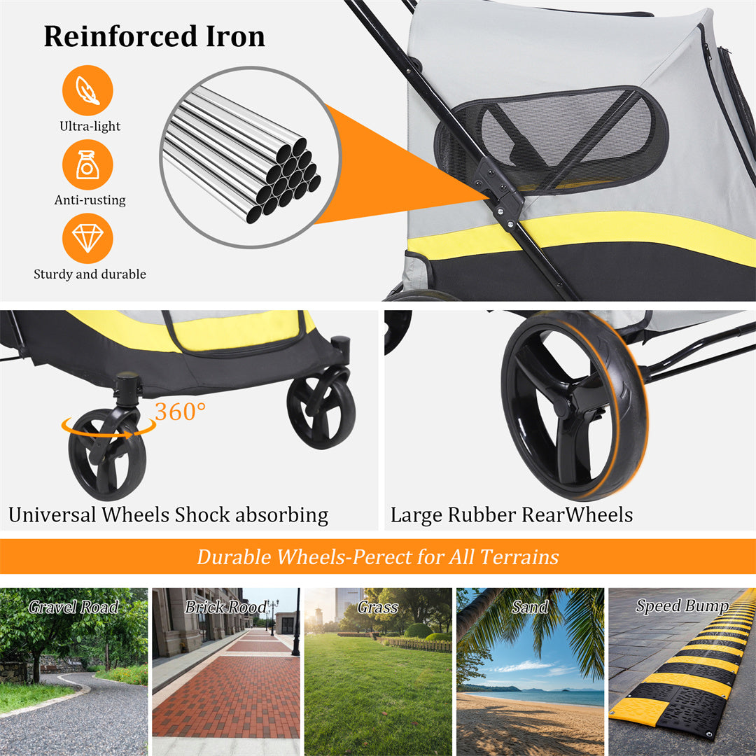 Foldable Dog Stroller with 4 Heavy Wheels Portable Universal Pet Travel Stroller for Small to Large Dogs, Rainproof Cover