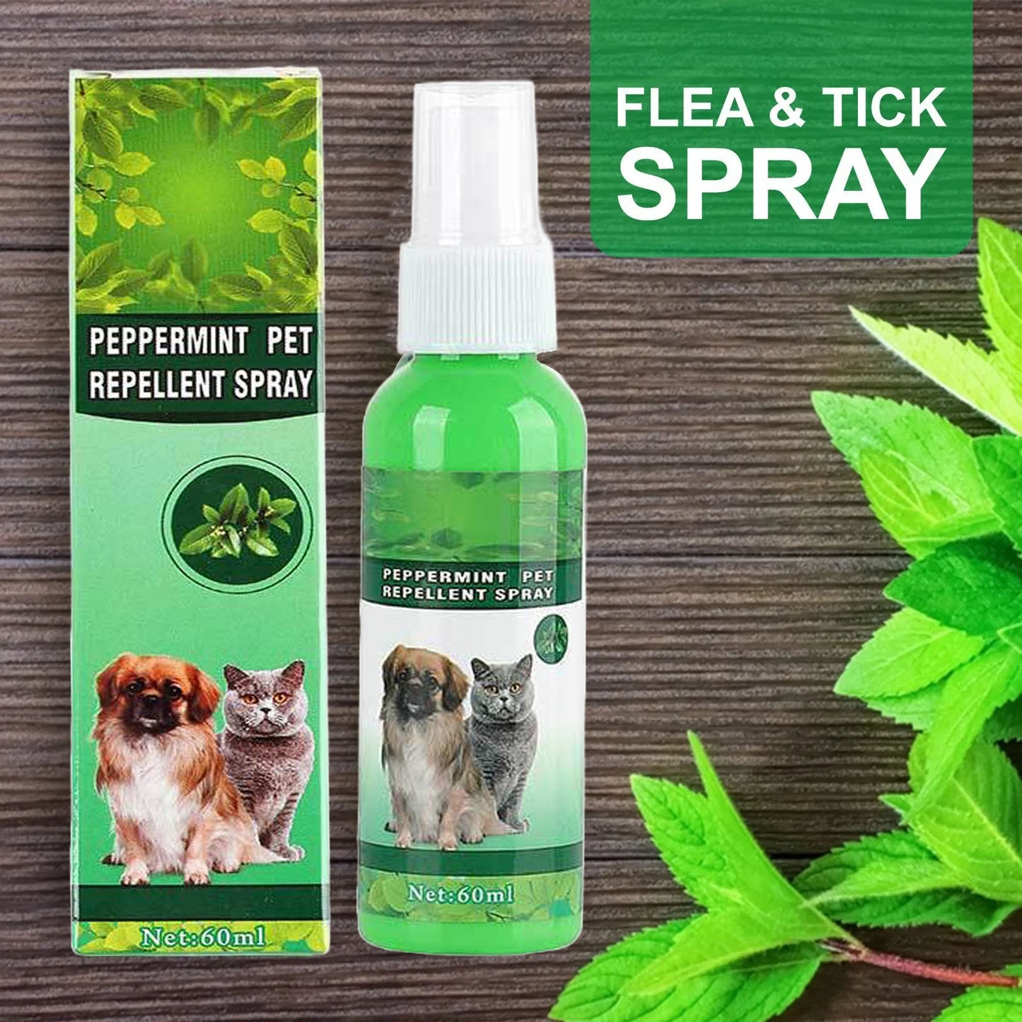 60ml Natural Pet Care Topical Flea&Tick Spray for Dogs&Cats with Fresh Fragrance Peppermint Oil and Eugenol